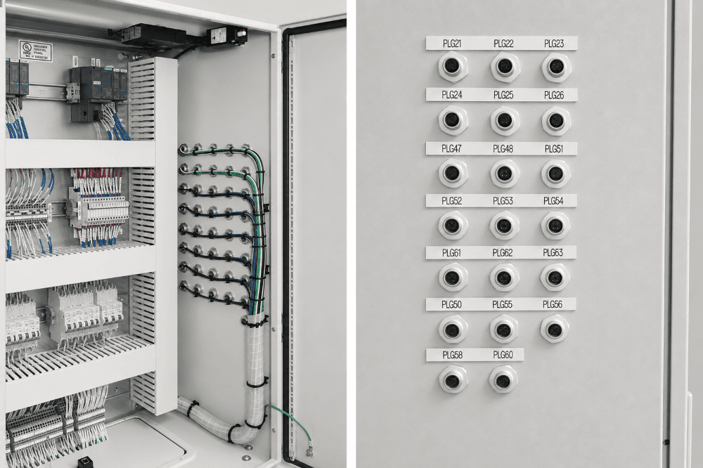 Finished CNC-modified enclosure with precision cable-gland cutouts and a cleanly labeled panel